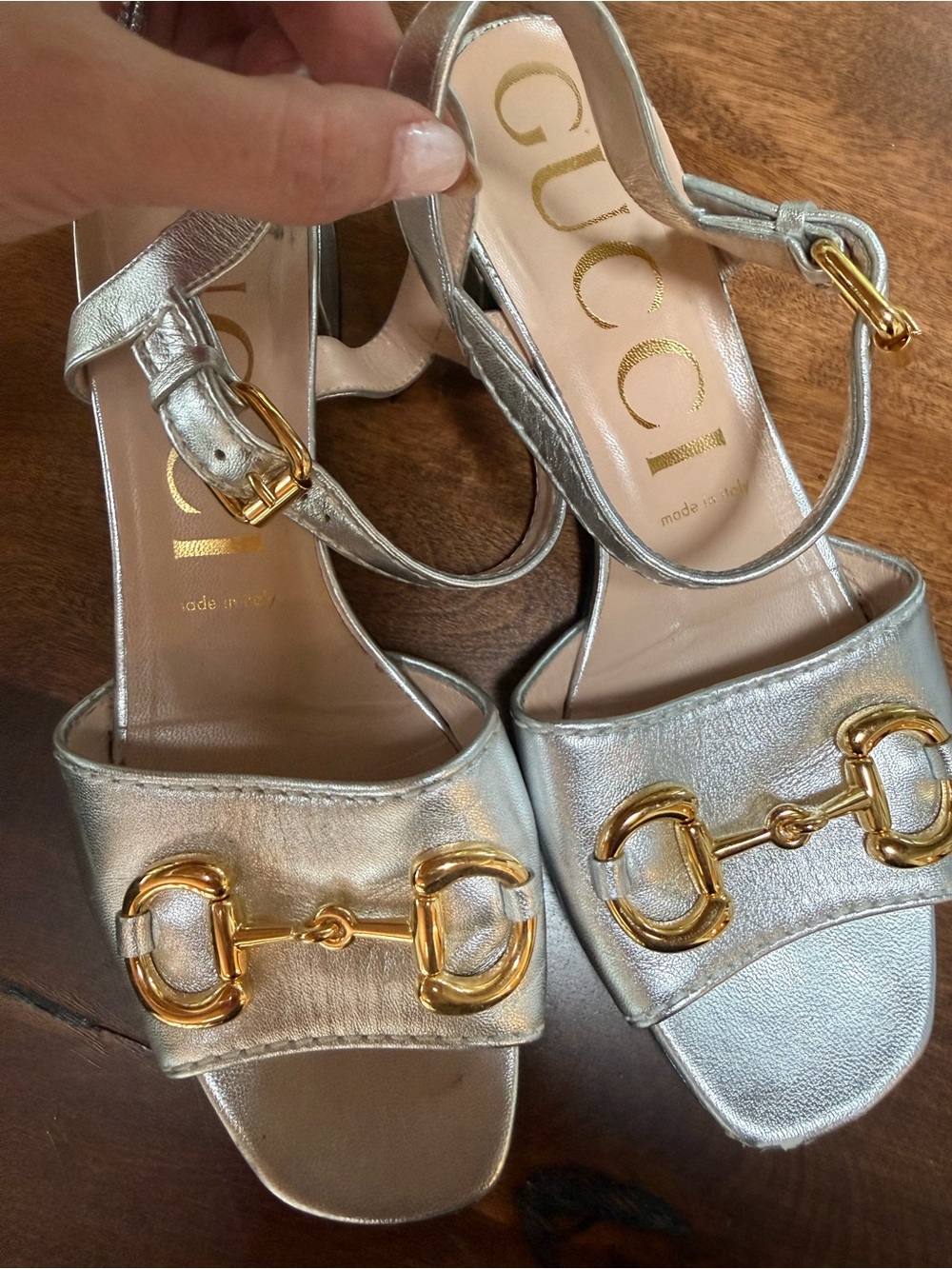 Gucci Horsebit Metallic Silver Ankle Strap Sandals - Picture 2 of 12